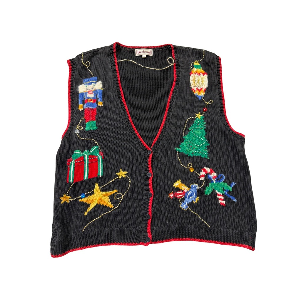 Vintage Bechamel Christmas Sweater Vest 1X Black Embroidered Beaded Holiday